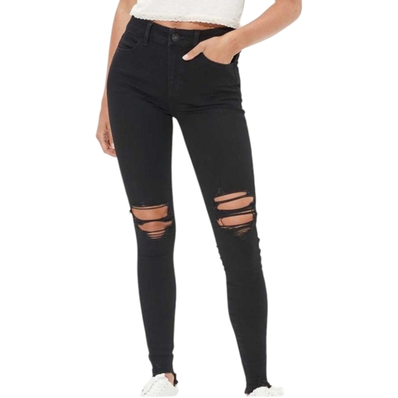 AMERICAN‎ EAGLE The Dream Jean Hi-Rise Black Jegging Women's 2 Distressed Grunge - Picture 1 of 14